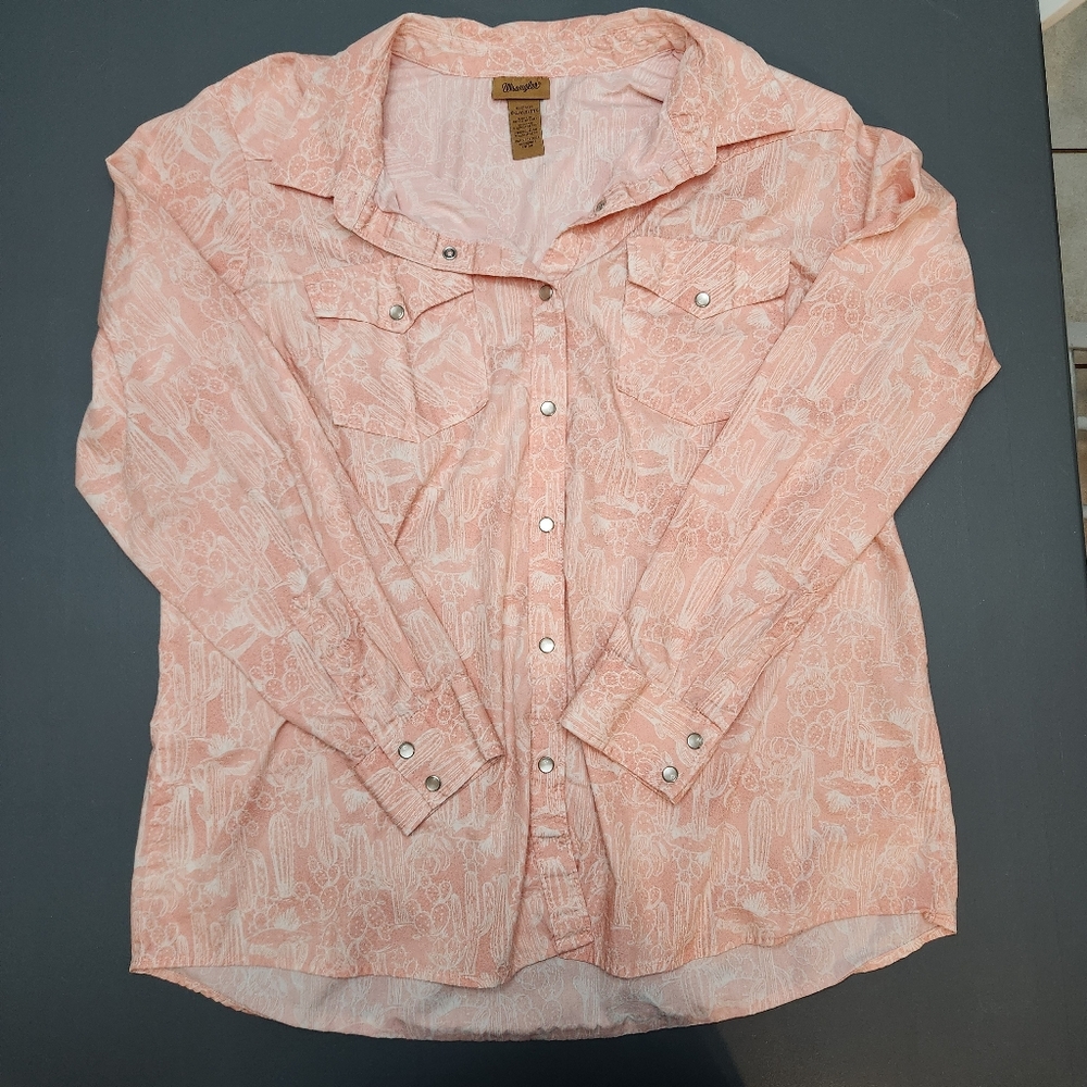 Wrangler Rancher Women Long Sleeve Pearl Snap Cotton Peach Cactus Print XXL